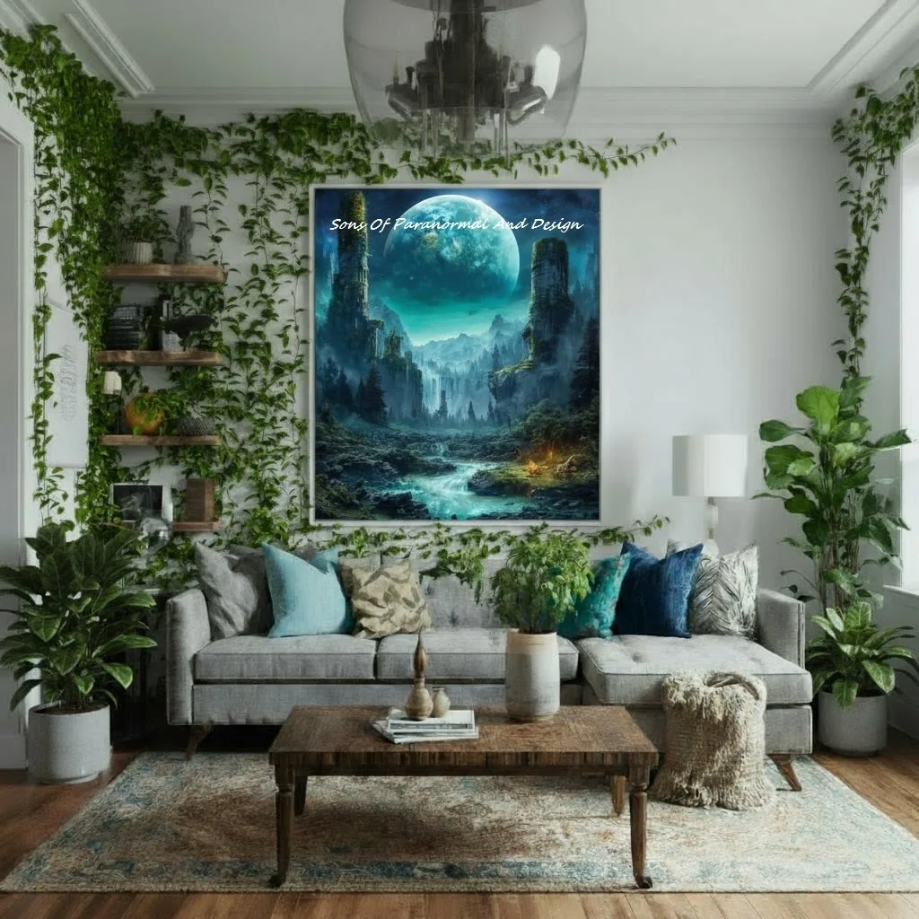 Living room with a gray sofa adorned with multicolored pillows, surrounded by green plants, and a large painting of a fantasy landscape with a moon, mountains, and a river on the wall. There are wooden shelves with decorative items, a wooden coffee table with books and vases, a patterned rug, and a white floor lamp.