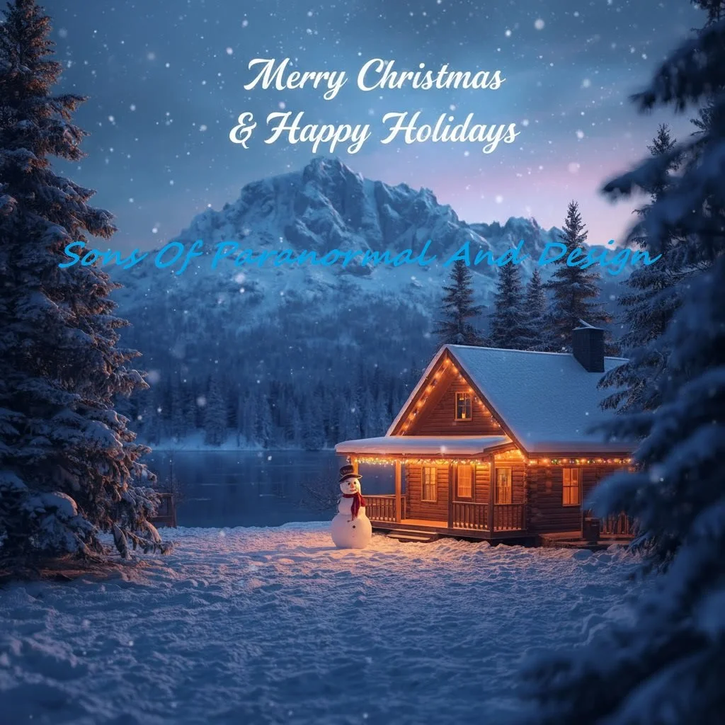 A cozy wooden cabin decorated with Christmas lights in a snowy landscape, with a snowman wearing a hat and scarf nearby, surrounded by snow-covered trees, mountains in the background, and falling snow.