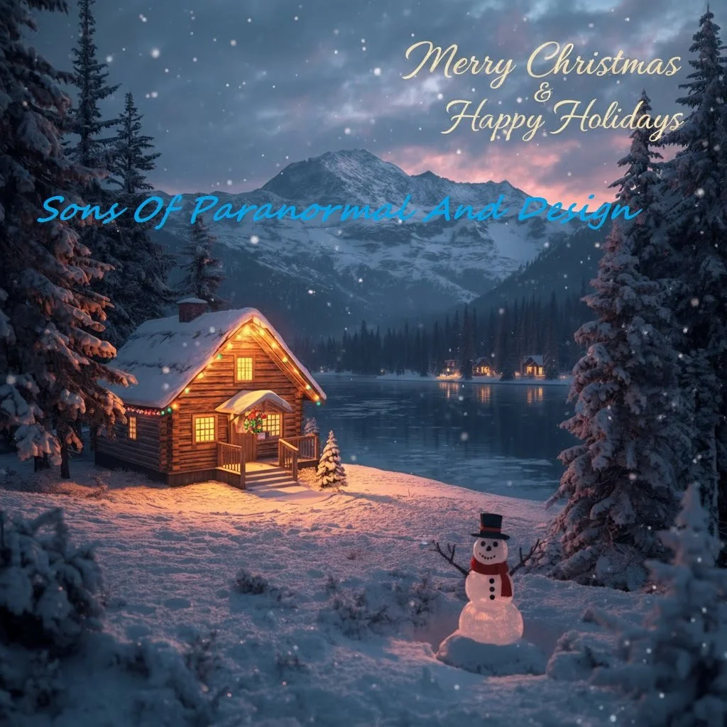 A snowy winter scene with a log cabin decorated with Christmas lights near a lake, snow-covered trees, a snowman with a top hat and scarf, and mountains in the background under a evening sky. The image contains the message 'Merry Christmas & Happy Holidays' and 'Sons of Paranormal and Design' in blue text.