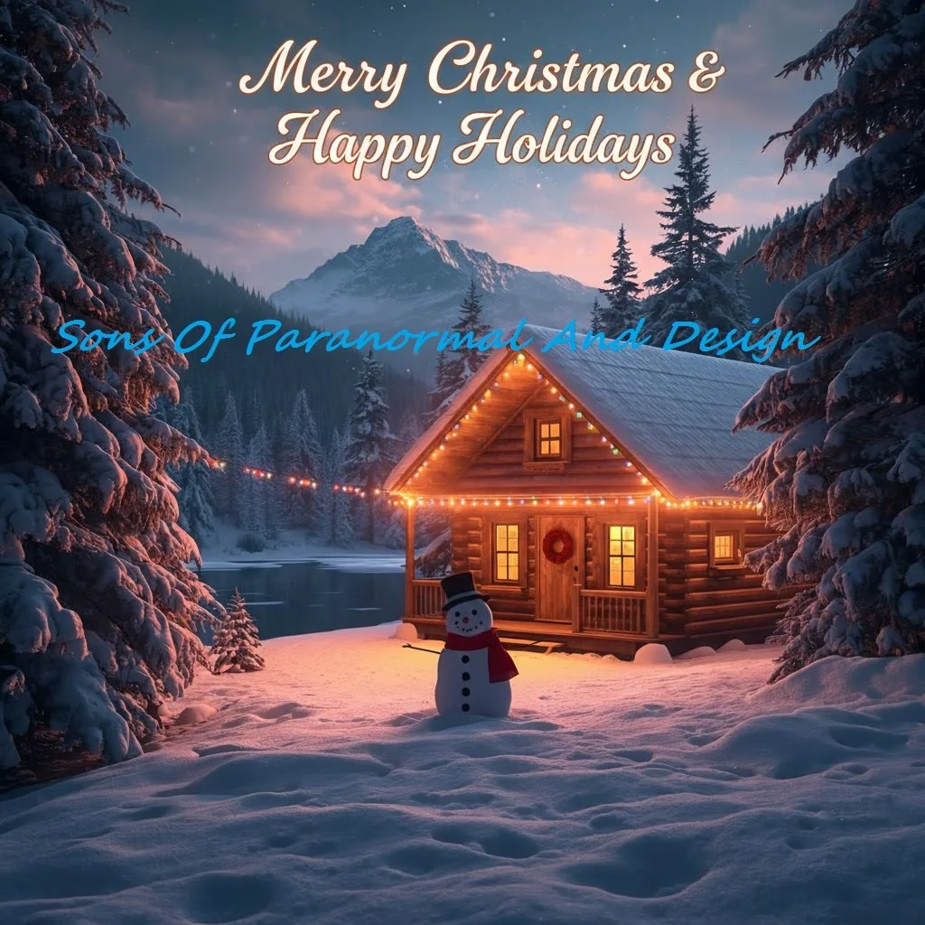 A snowy winter scene featuring a log cabin decorated with Christmas lights and a wreath on the door, surrounded by snow-covered trees with a mountain in the background. The image has holiday greeting text that says 'Merry Christmas & Happy Holidays' and a blue overlay text that reads 'Some Of Paranormal And Design'.