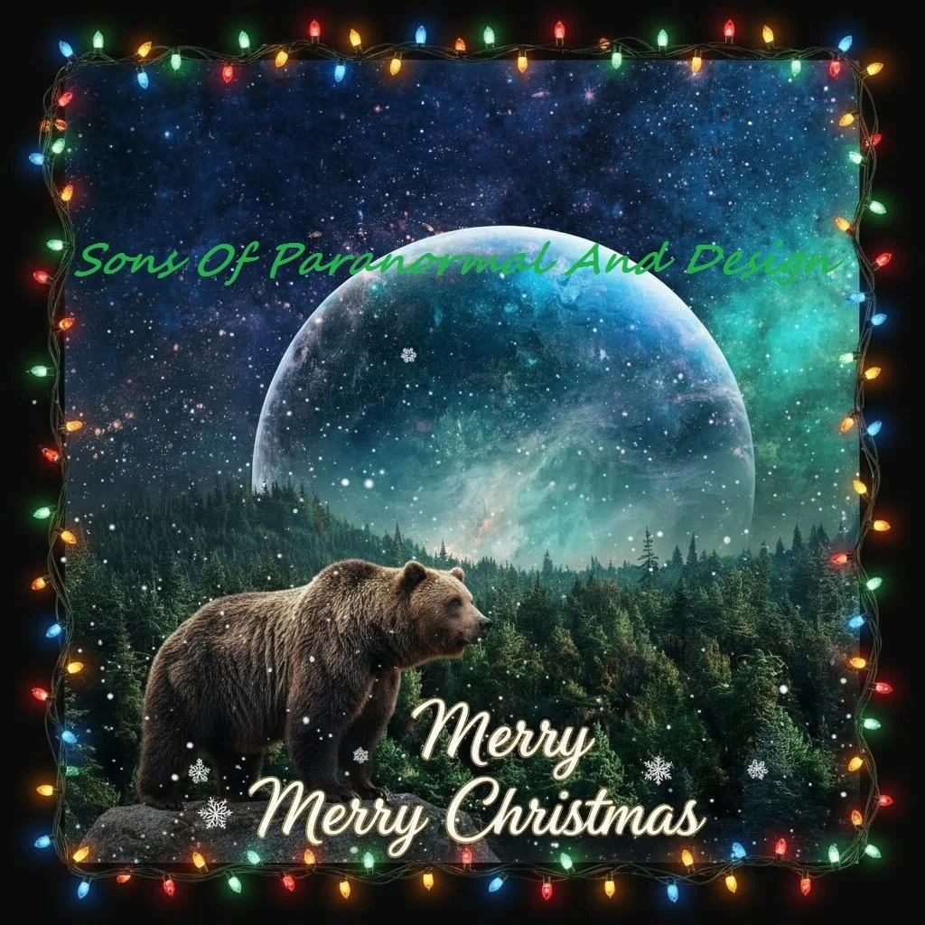 A Christmas holiday scene featuring a bear standing on a rock in a forest at night, surrounded by snow and holiday lights, with a space-themed background showing stars, a planet, and a galaxy. The words "Merry Christmas" and "Sons Of Paranormal And Design" are displayed on the image.