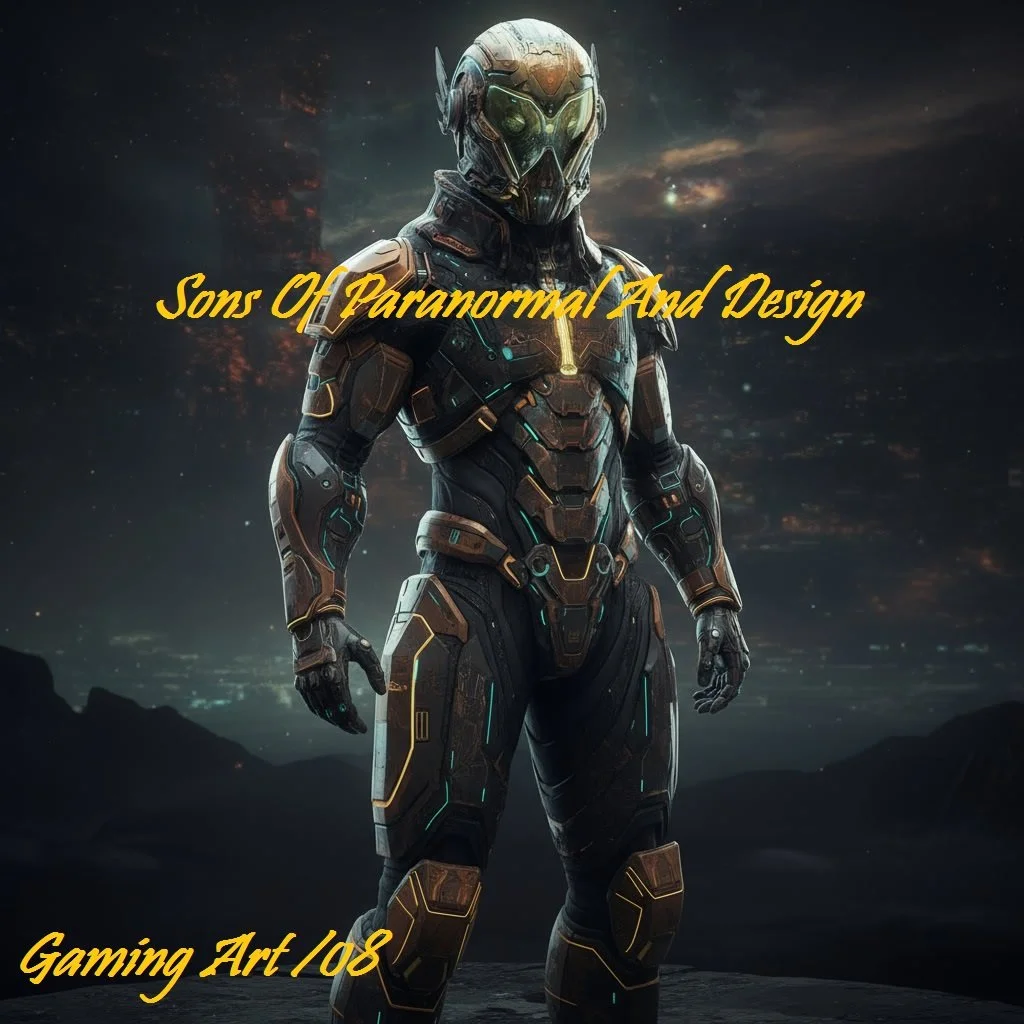 A futuristic armored figure with a helmet standing against a dark cosmic background, with the text "Sons Of Paranormal And Design" and "Gaming Art 108" overlaid.