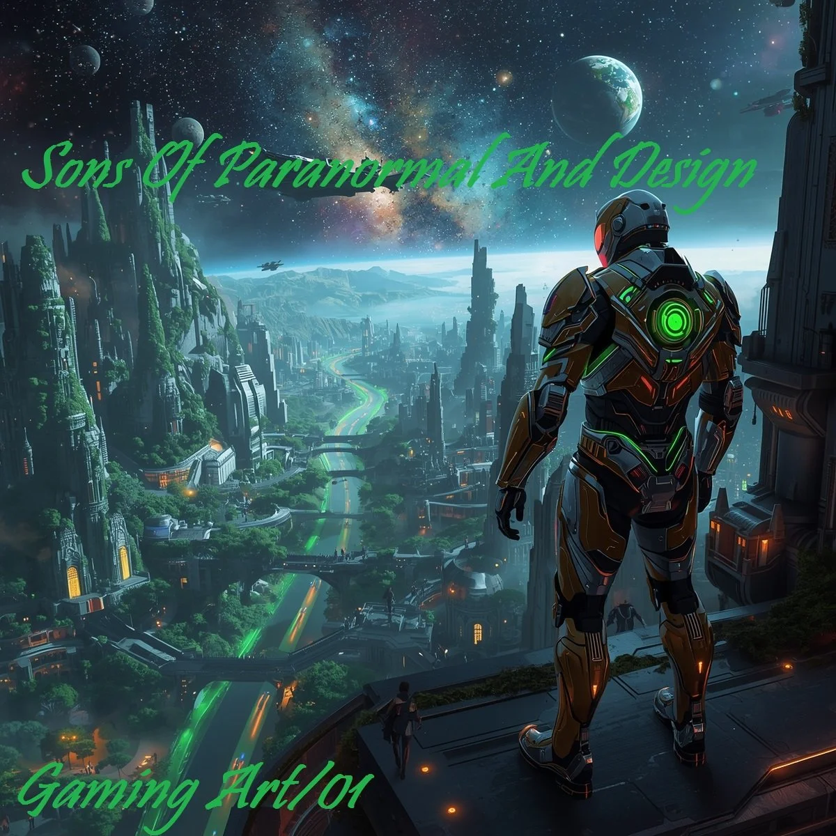A futuristic cityscape with tall towers, green-lit roads, and a symbol of a person in a suit standing on a balcony overlooking the city. The background features space with planets and stars, and the image has text overlaid that reads 'Sons Of Paranormal And Design' and 'Gaming Art/01'.