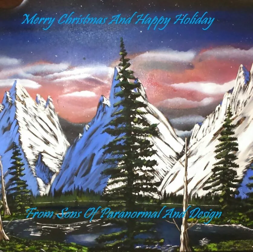 A painting of snow-covered mountains and pine trees under a starry sky with pink and purple clouds, with the text "Merry Christmas And Happy Holiday" at the top and "From Sons Of Paranormal And Design" at the bottom in blue cursive.