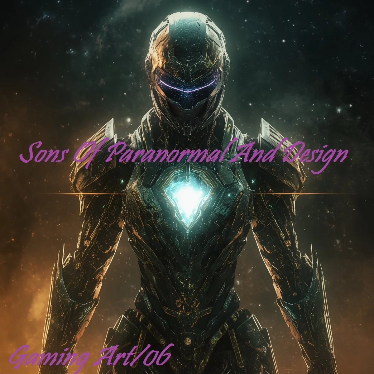 A futuristic armored robot with a glowing core on its chest, standing in space with stars and cosmic dust in the background, with text 'Sons Of Paranormal And Design' and 'Gaming Art106' overlaid.