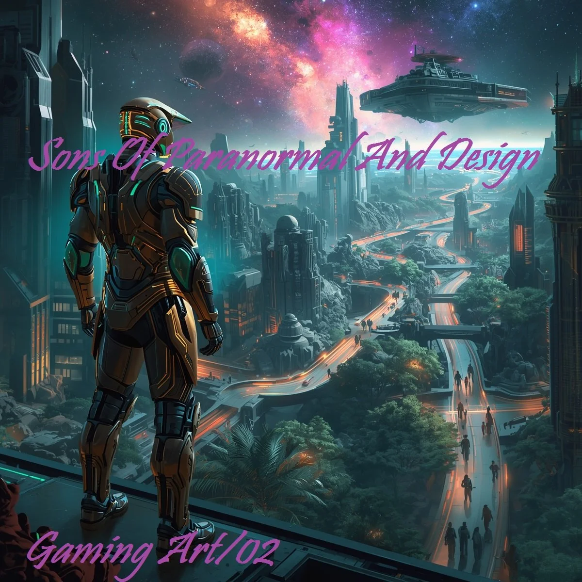 Futuristic cityscape scene with tall skyscrapers, flying ships, a glowing road, and a humanoid robot overlooking the city from a balcony, against a starry sky and galaxy backdrop.