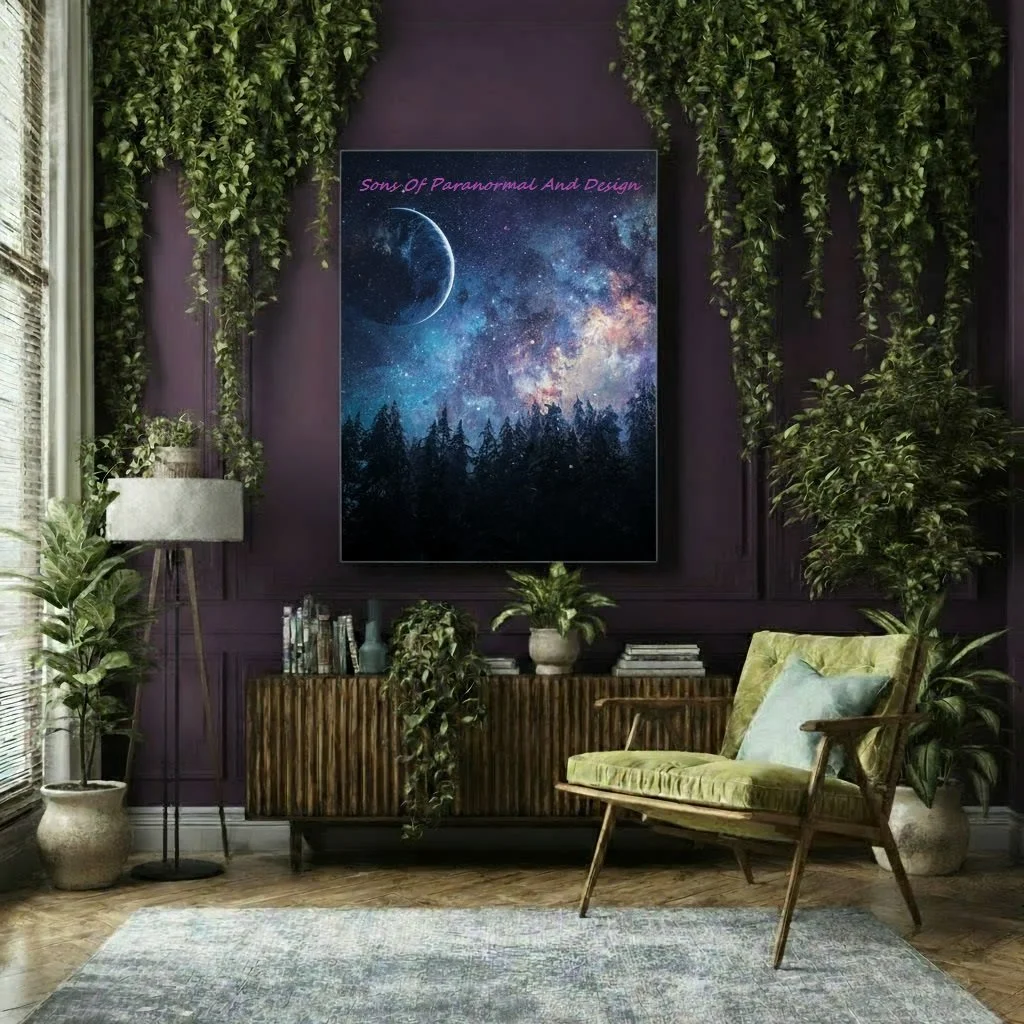 Living room corner with a purple wall, large framed galaxy and moon artwork, surrounded by green plants, a green cushioned chair, a wooden console with books and vases, and a tall floor lamp, next to a window with blinds.