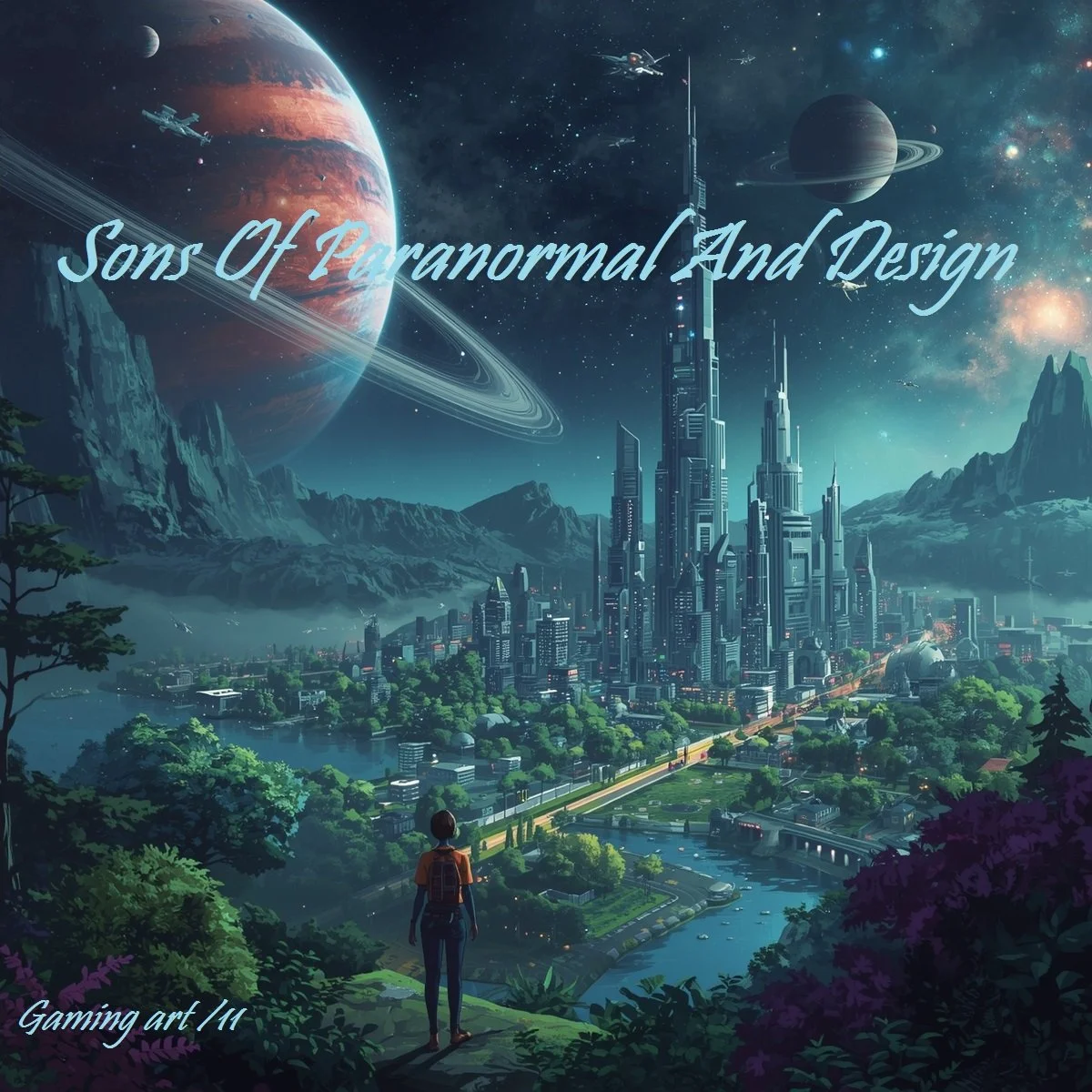 Futuristic cityscape with tall skyscrapers, a lush green park, and a person standing on a hilltop looking at space with planets and stars in the background. The text on the image reads 'Sons Of Paranormal And Design' and 'Gaming art / 14'.