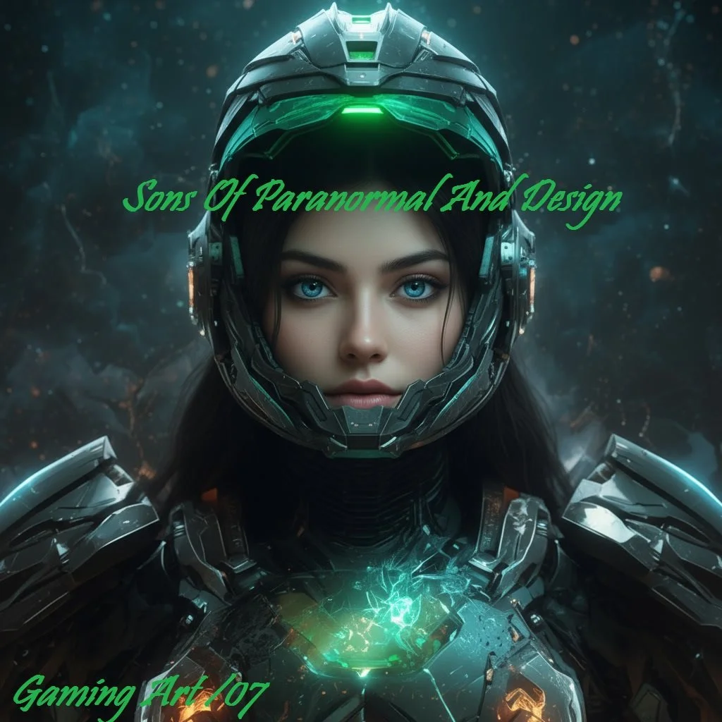 A digital artwork depicting a woman in futuristic armor and helmet, with glowing green energy. Text overlay reads 'Sons of Paranormal & Design' and 'Gaming Art 107'.