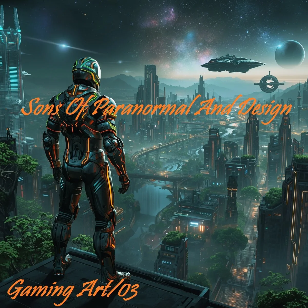 Futuristic cityscape under a starry sky with a person in cyberpunk armor standing on a balcony, flying ships overhead, and neon-lit skyscrapers in a science fiction setting.