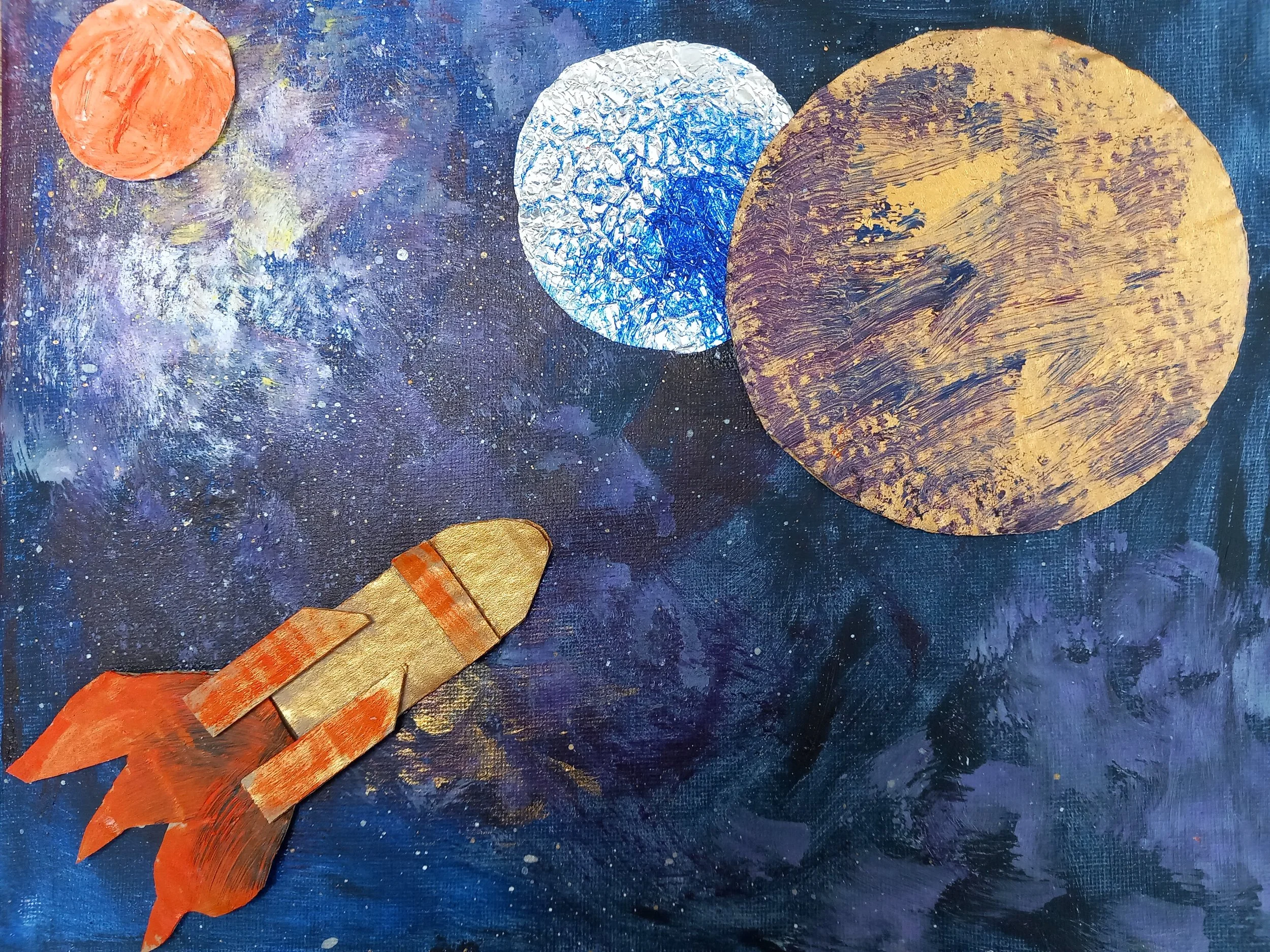 A painted space scene featuring a rocket ship with orange and gold colors, three planets of different sizes and textures, and a starry background with splatters of white, purple, and yellow paint resembling stars and cosmic dust.