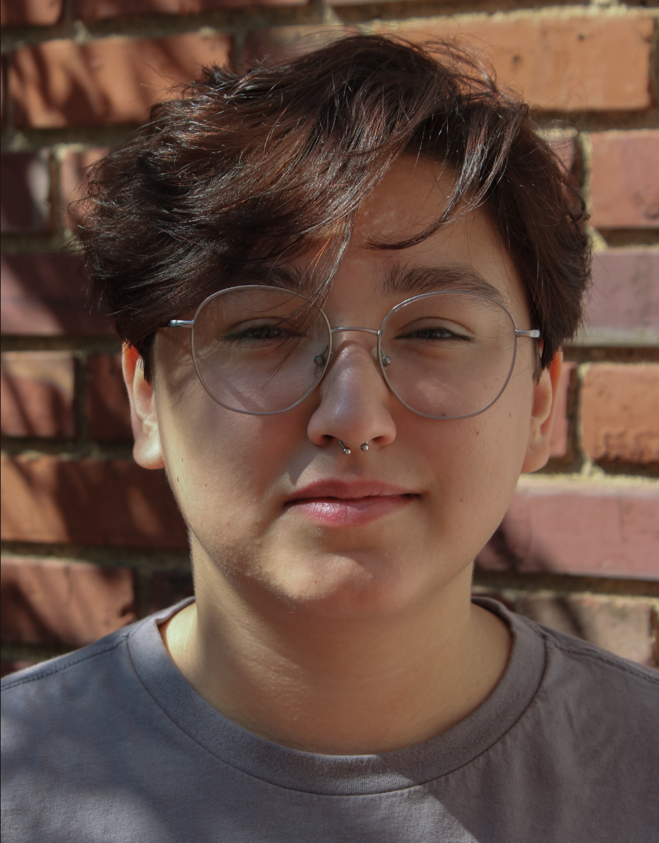 A person with short, dark hair, wearing glasses, a septum piercing, and a gray t-shirt, standing in front of a brick wall.