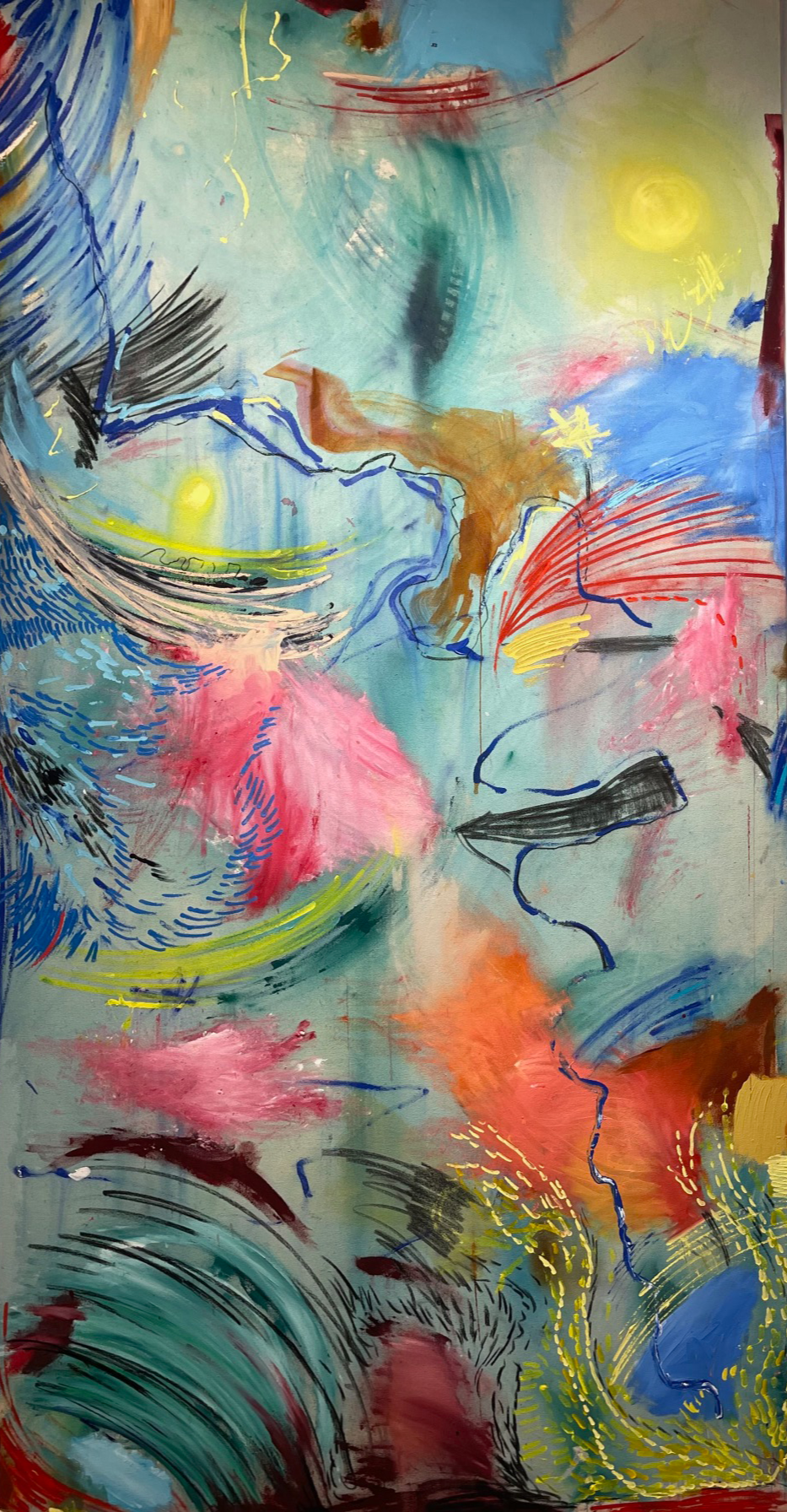 Bull & River, 5x10ft, acrylic on canvas, 2025