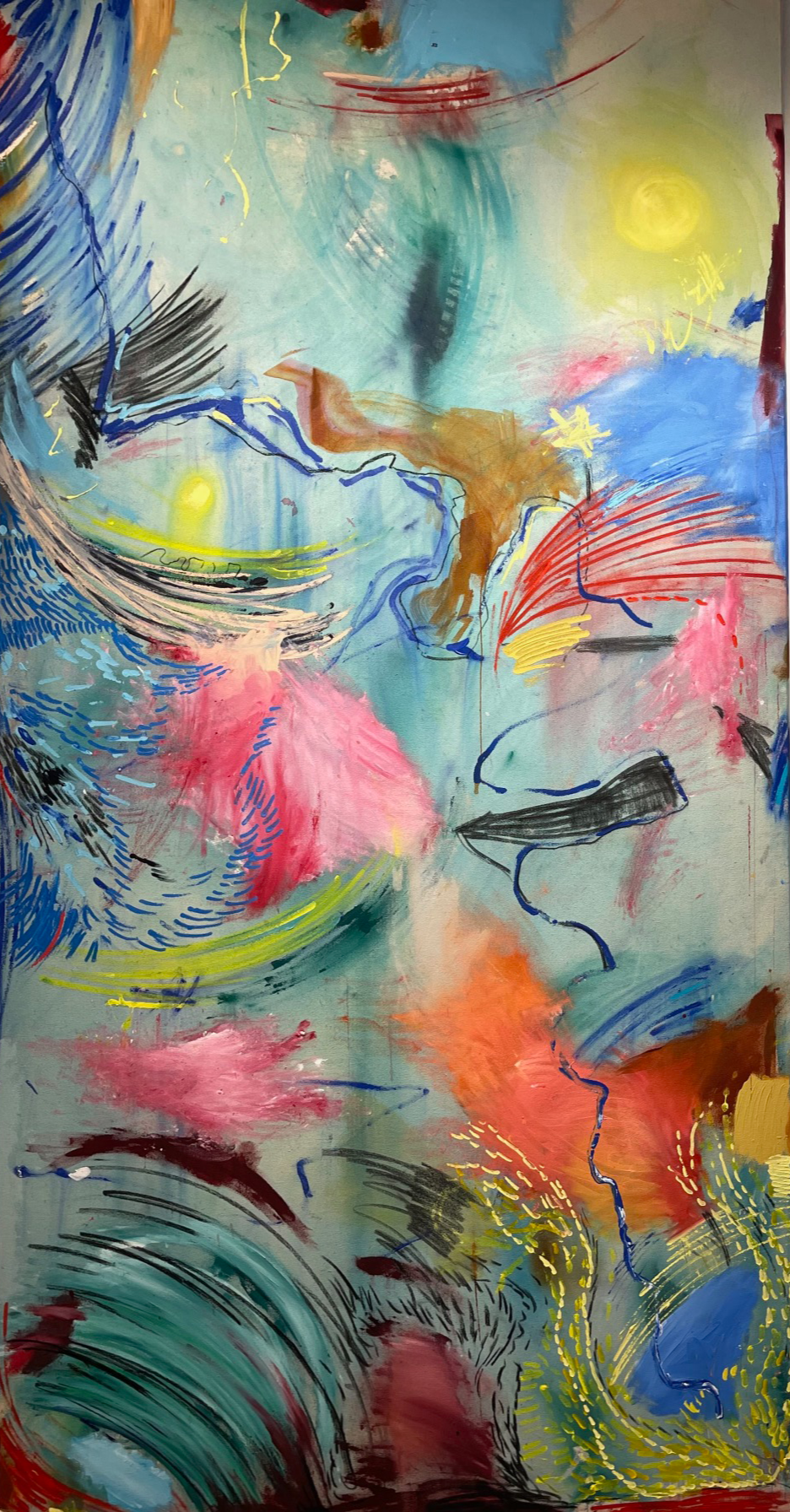Bull and River, acrylic on canvas, 4ft x 35in, 2025