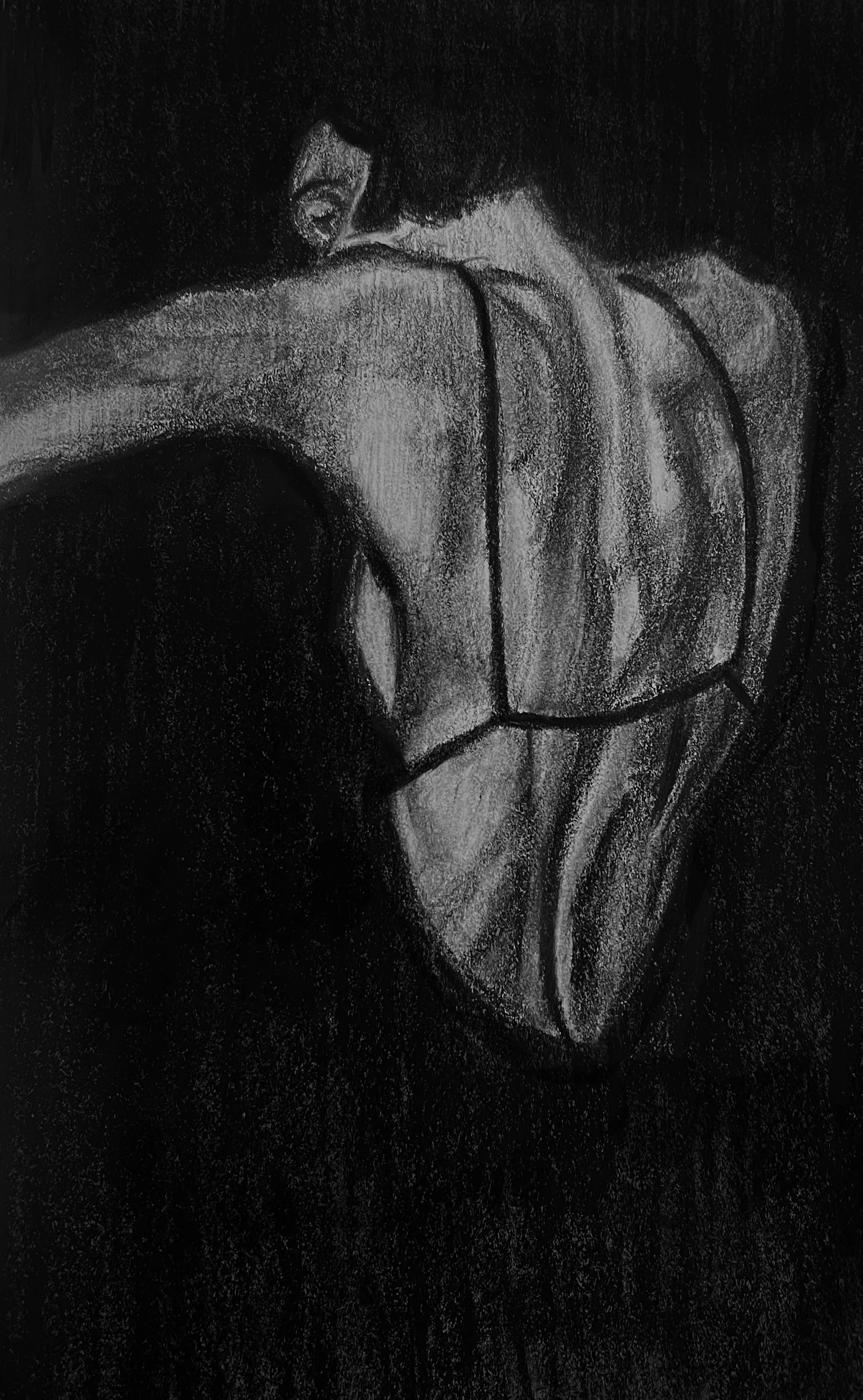 Rubber Back, 16x 24in, Charcoal Drawing, 2023