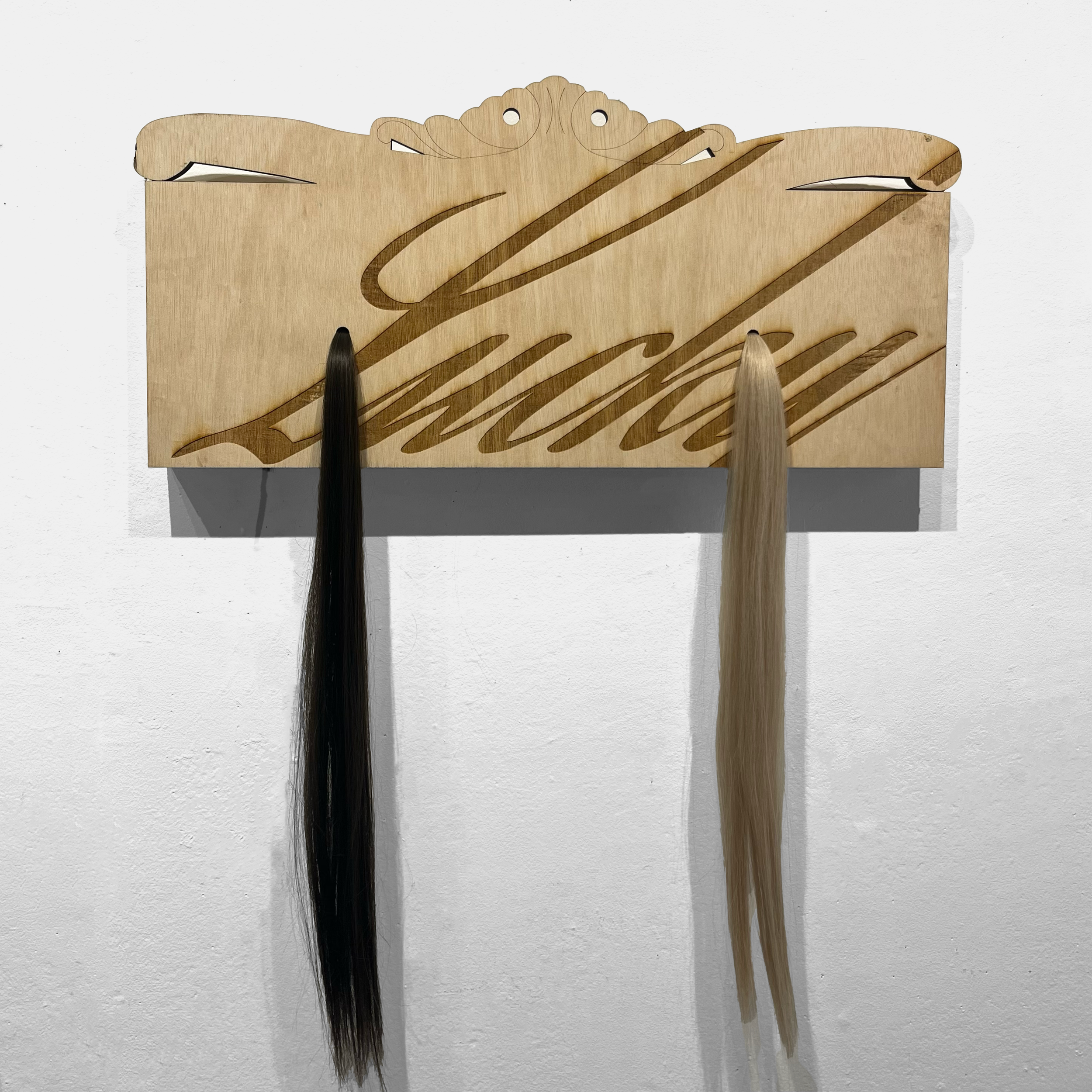 Lucky Mutt 01,  synthetic hair/mixed media, on wood panel, 2026
