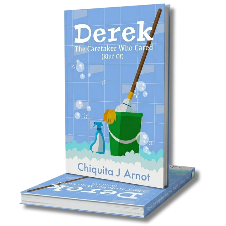 Front cover of the book Derek: The Caretaker Who Cared (Kind Of) shown standing on a copy of the same book laid flat.