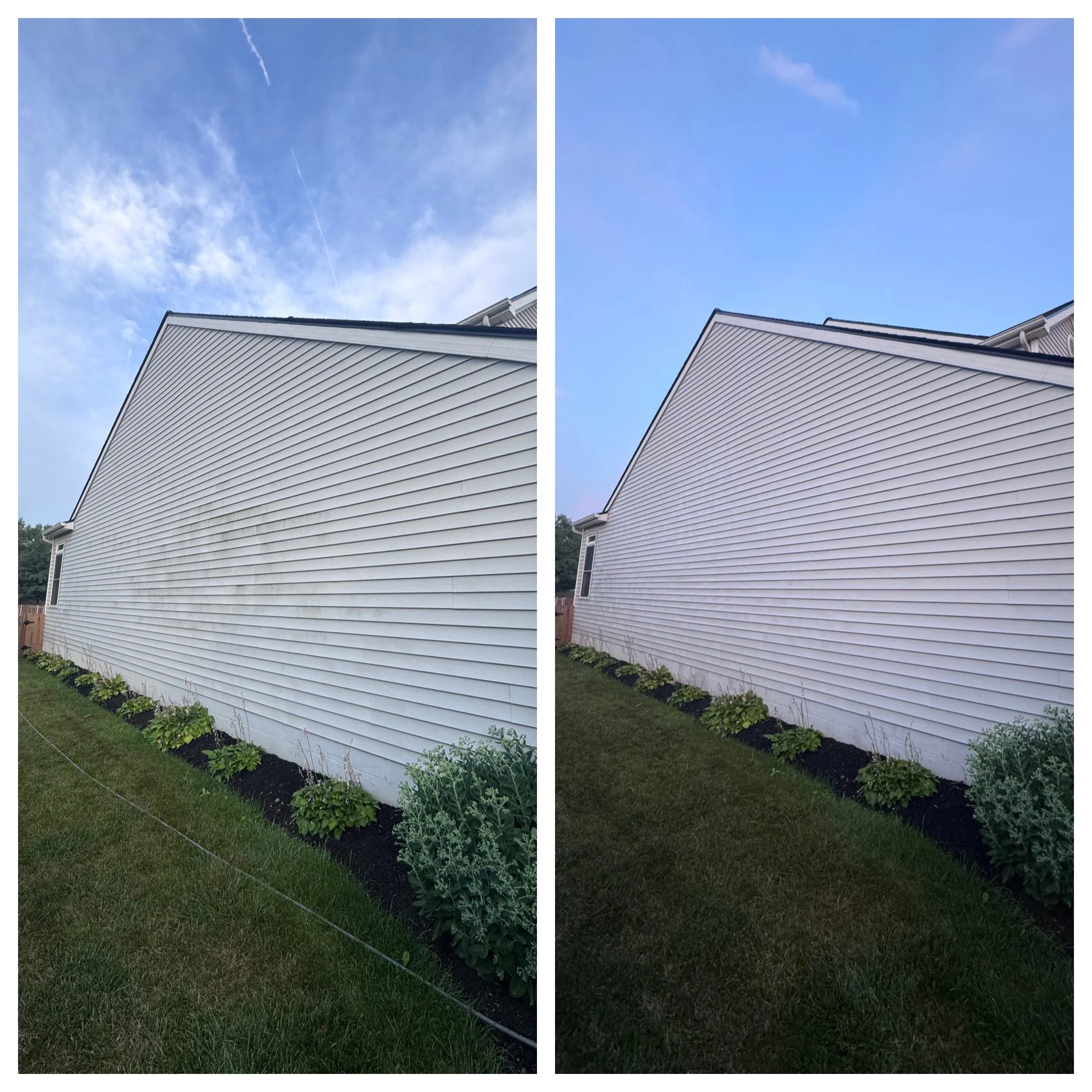 Comparison of a house's white siding wall before and after softwashing in Union County , Ohio.