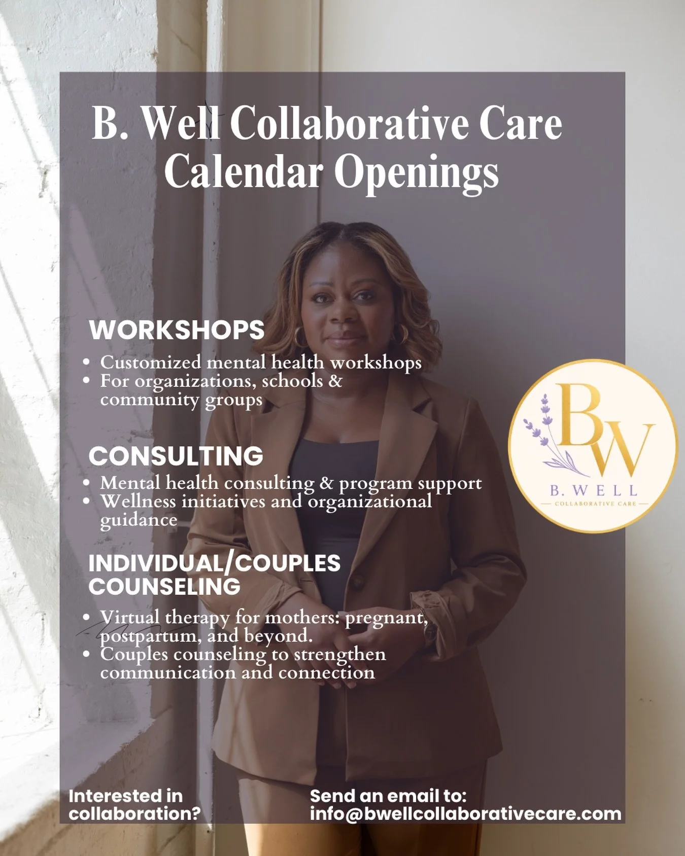 My calendar is officially open for August and the remainder of 2026! ✨

Now booking:
&bull; Individual therapy for mothers
&bull; Couples counseling
&bull; Workshops &amp; trainings
&bull; Mental health consulting

If you&rsquo;ve been waiting to rea