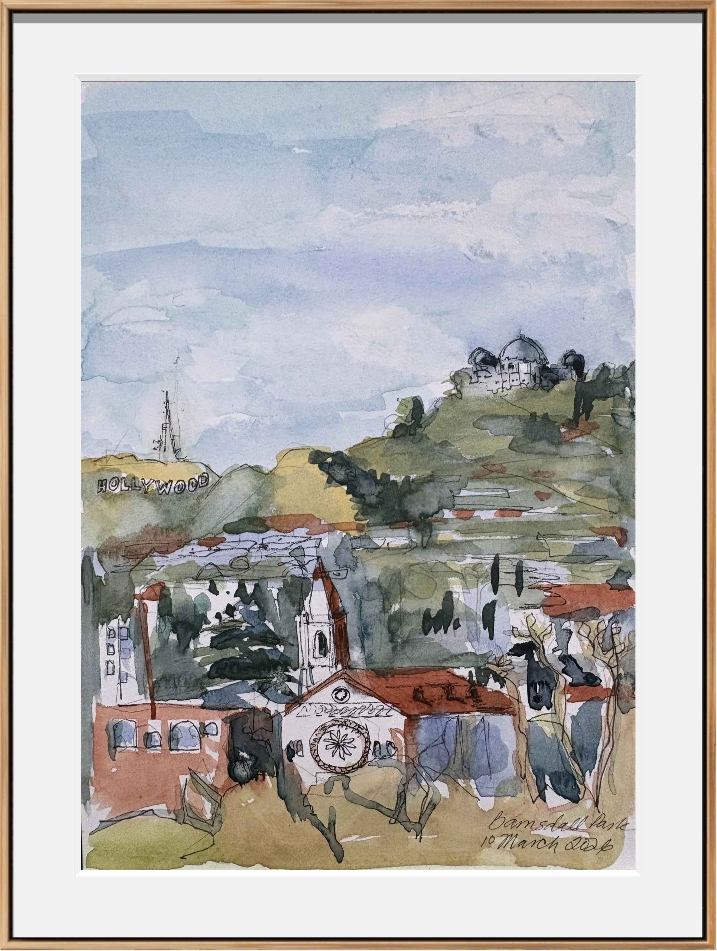 A watercolor painting of the Hollywood sign on a hillside, with a church and trees in the foreground and a cloudy sky above, signed 'Barnsdall Park' with the date '10 March 2006'.