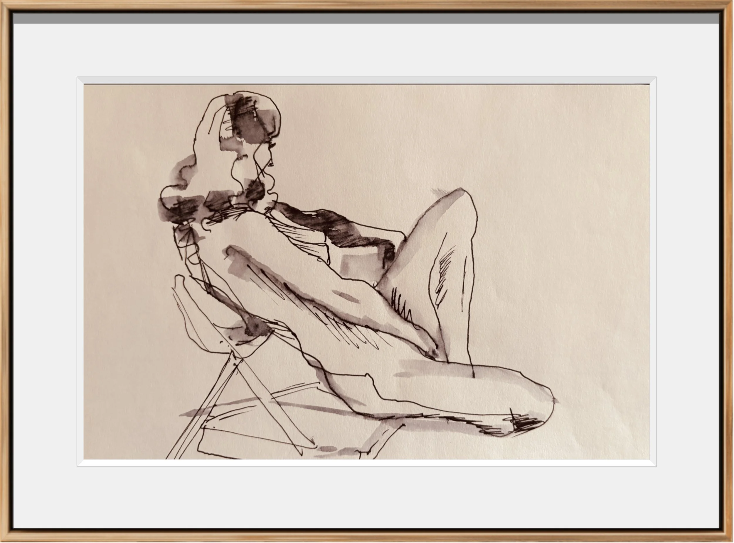A black ink sketch of a woman sitting and listening to music with headphones on, on a simple chair.