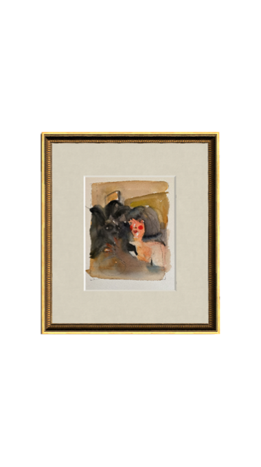 Watercolor painting of a woman with a dog, framed and displayed against a yellow background.