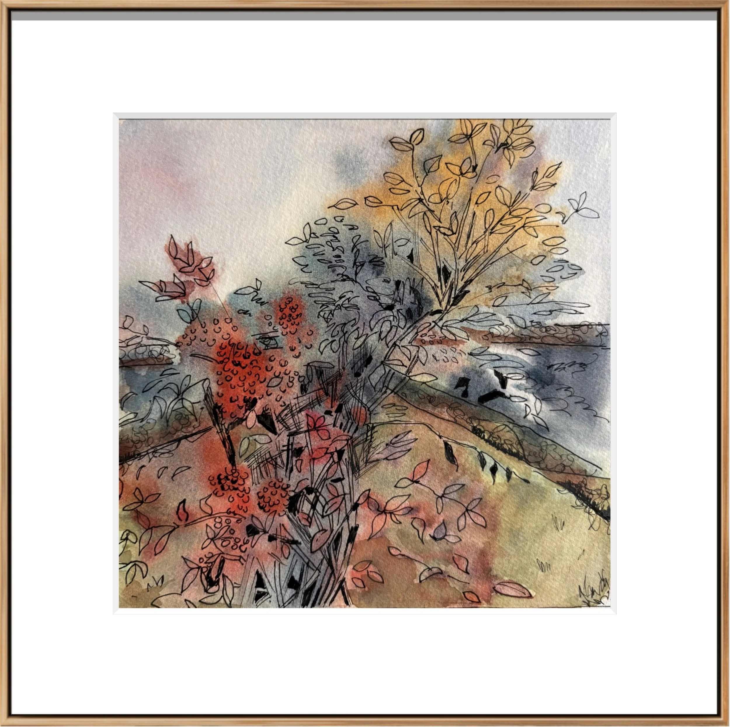 A framed art piece featuring a watercolor background in pastel shades with a line drawing of a flowering plant, possibly a bouquet of wildflowers.