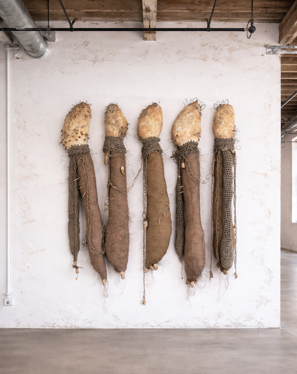 Une œuvre d'art contemporaine composée de cinq formes allongées suspendues au mur, ressemblant à des animaux ou des créatures étranges, avec des matériaux texturés et des chaînes. Le fond est un mur blanc brut, et l'espace a un style industriel.