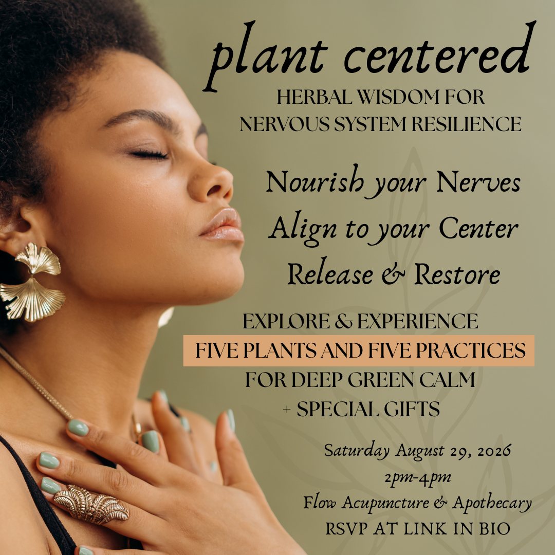 A woman with closed eyes, wearing gold earrings and necklaces, appears to be in a meditative pose, promoting an event about herbal wisdom, nerve nourishment, and green calm plants.