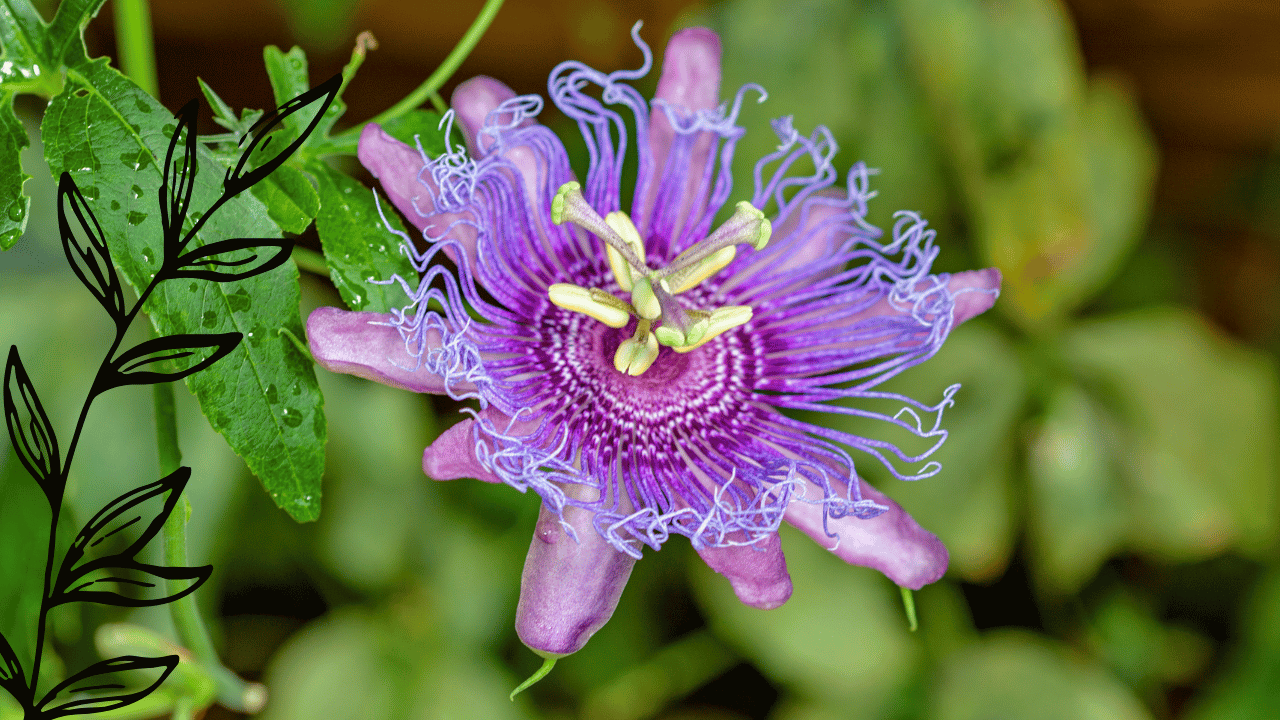 Close-up of a passionflower with purple petals and intricate filaments, surrounded by green leaves.
