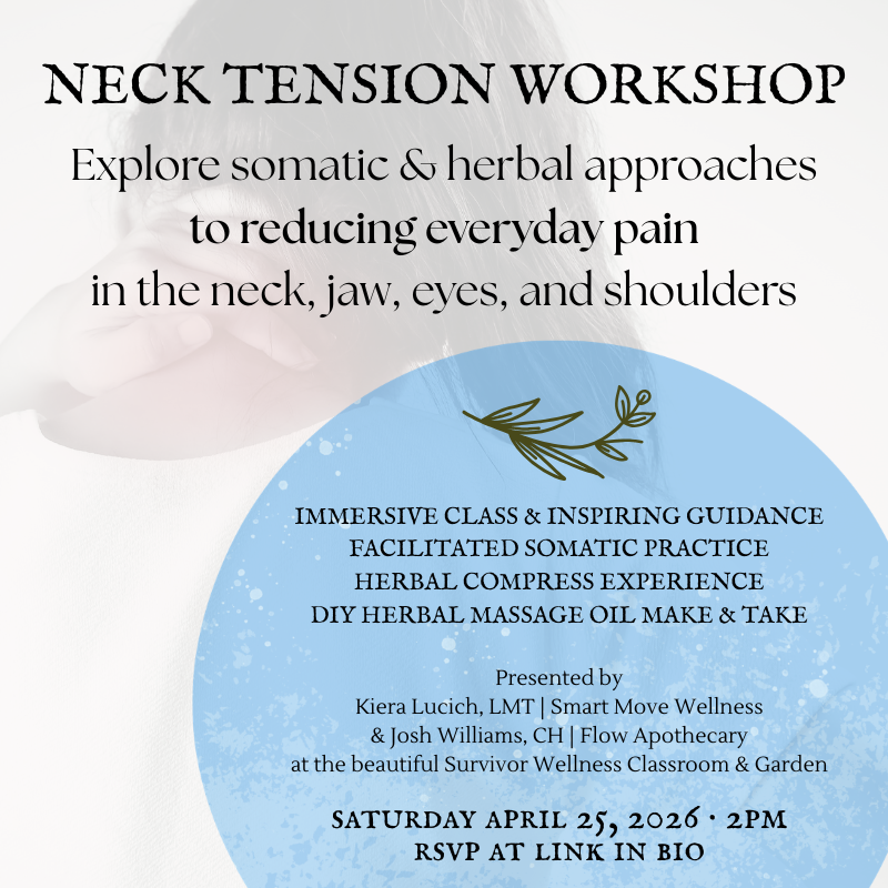 A woman with braids, wearing a black tank top and a cream-colored jacket, rests her hand on her chest, which she is touching gently. The background includes outdoor plants and a body of water, with black digital leaf illustrations overlayed on the lower left part of the image.