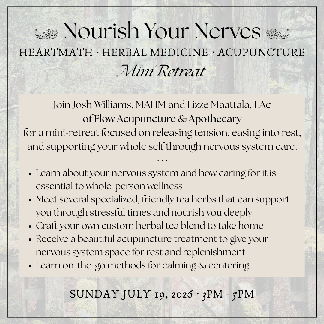 A promotional flyer for a mini retreat called "Nourish Your Nerves" focused on heart math, herbal medicine, and acupuncture, scheduled for Sunday, July 19, 2026, from 3 PM to 5 PM. The flyer includes details about the event, highlighting nervous syst