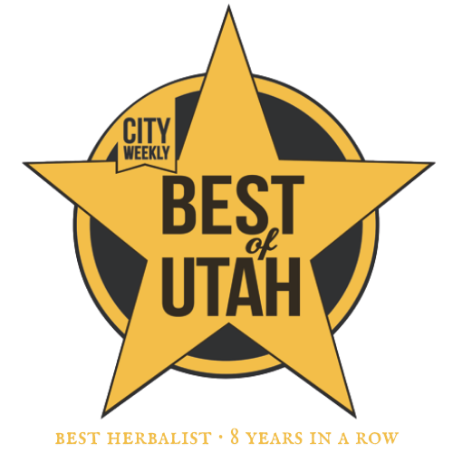 Gold star badge with 'Best of Utah' text and 'City Weekly' logo, featuring a circular black and gold design and a yellow ribbon at the bottom that reads 'Best Herbalist - 8 Years in a Row'.