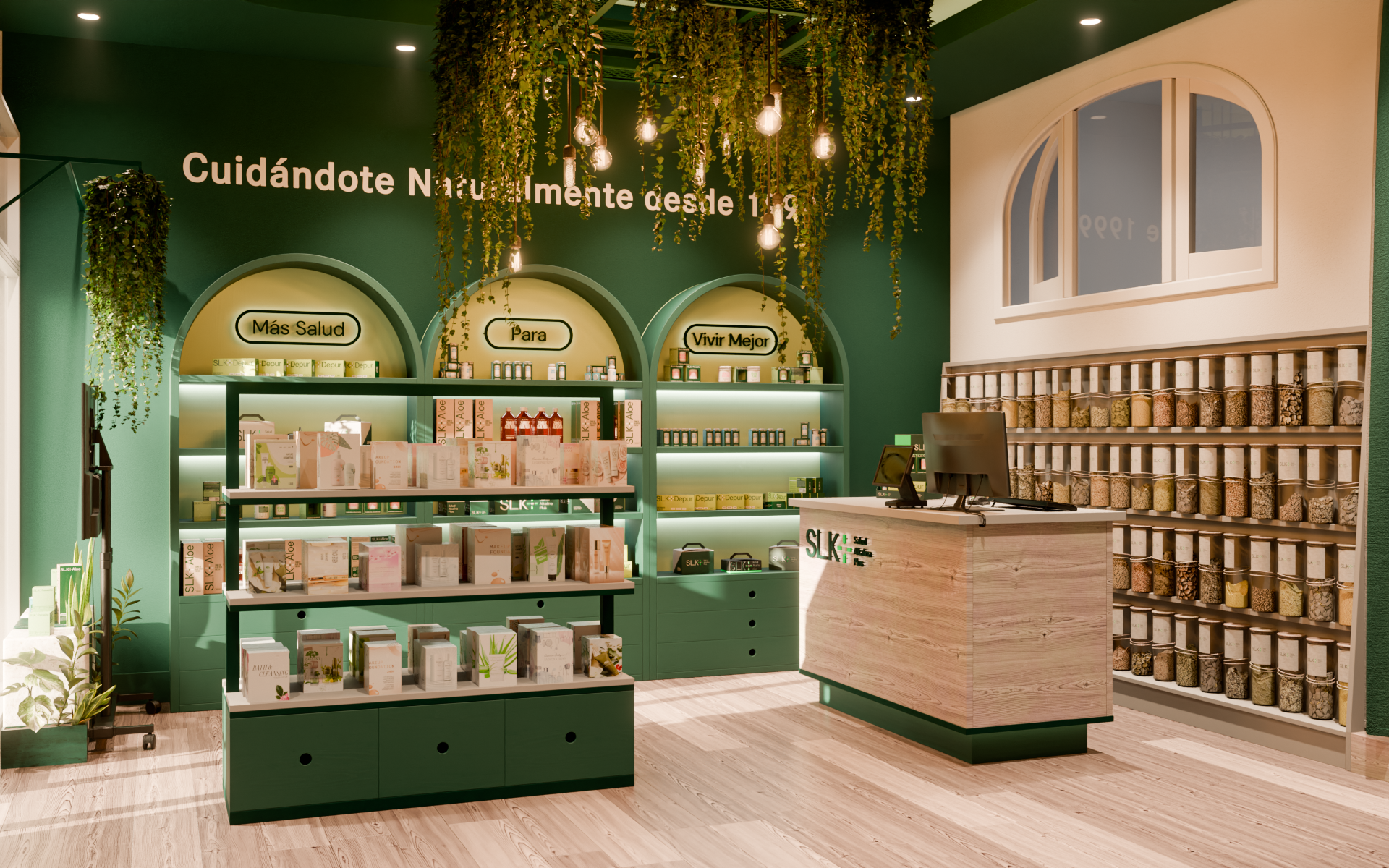 Interior de una tienda con estantes verdes y blancos, y un mostrador de madera, decorada con plantas colgantes y luces de bombillas suspendidas.