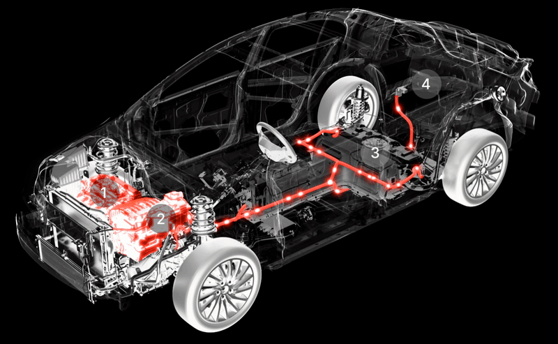 Diagrama de un automóvil transparente que muestra los componentes internos, incluido el motor en el frente, la batería en el medio y el sistema de suspensión en las ruedas. Las partes están numeradas para identificación.