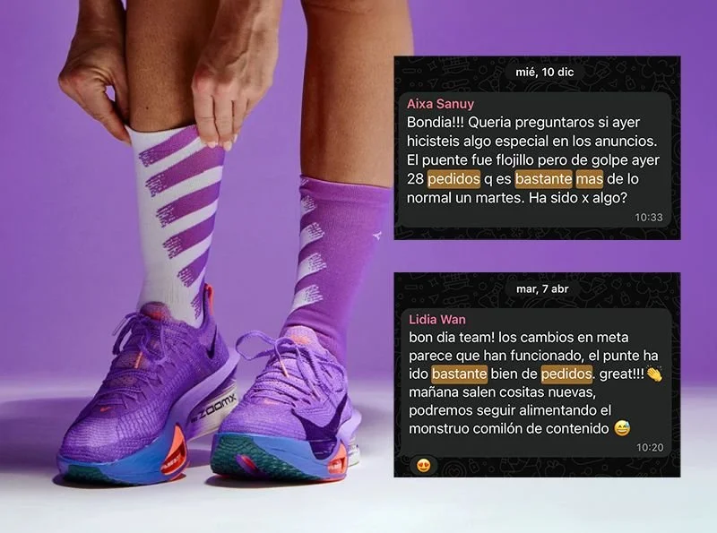 Calcetines de running de Pacific and Co. con zapatillas, encima mensajes positivos fundadoras