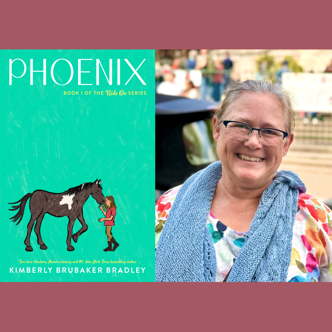 Left: A turquoise book cover with a brown and white horse and a young white girl. "Phoenix" is at the top of the cover. Right: Author photo of a white woman with light brownish hair pulled back, wearing glasses, a floral top, and a blue scarf.