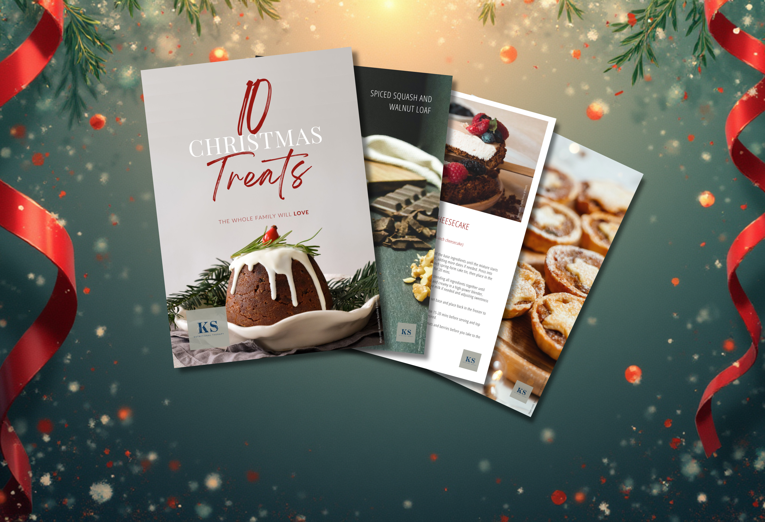 Three holiday recipe booklets, featuring Christmas dessert recipes, are displayed on a festive background with red ribbons, pine branches, and glowing lights.