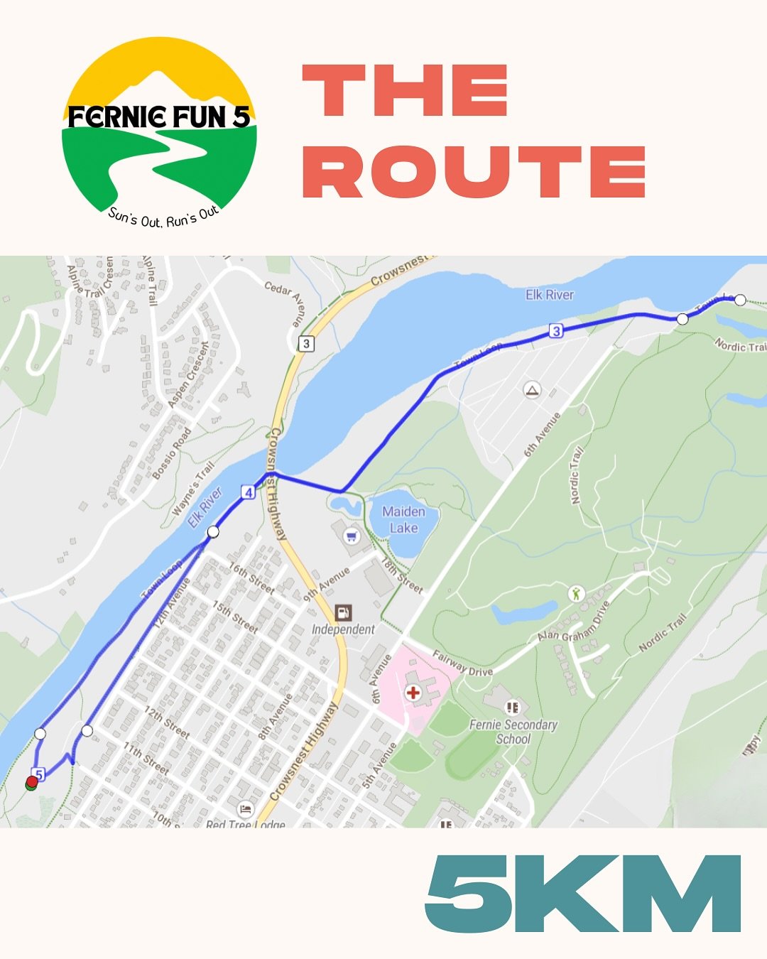 Both routes starting in Annex park and ending with a finish line celebration, here&rsquo;s what your Fernie Fun Run will look like: 

5K - A scenic out and back along the beautiful Elk River, our crew will cheer you on and turn you around just past F