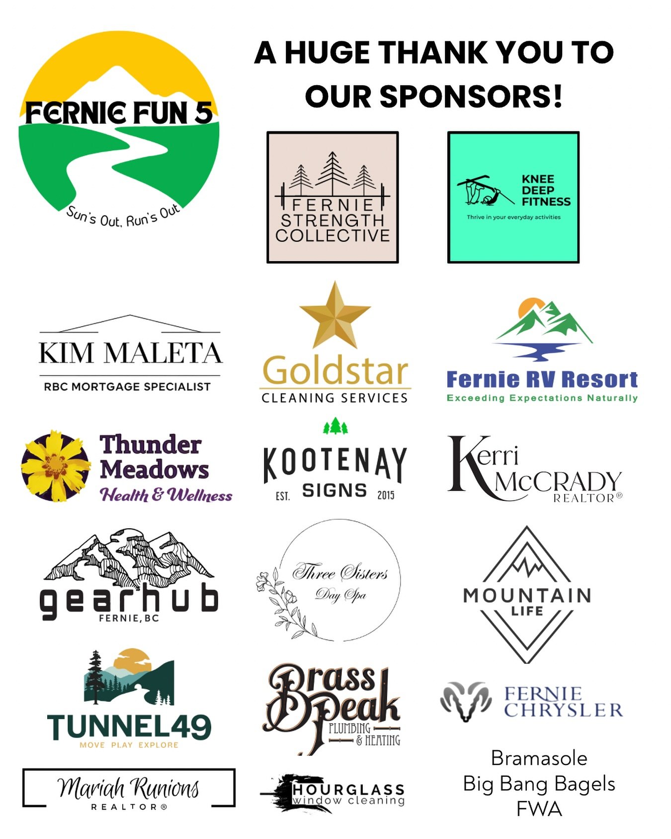 We&rsquo;re blown away by the generosity of our local business community 💛

Huge thank you to every sponsor who has donated prizes or pitched in to help make the Fernie Fun Run possible. Your support means the world&mdash;not just to us, but to ever