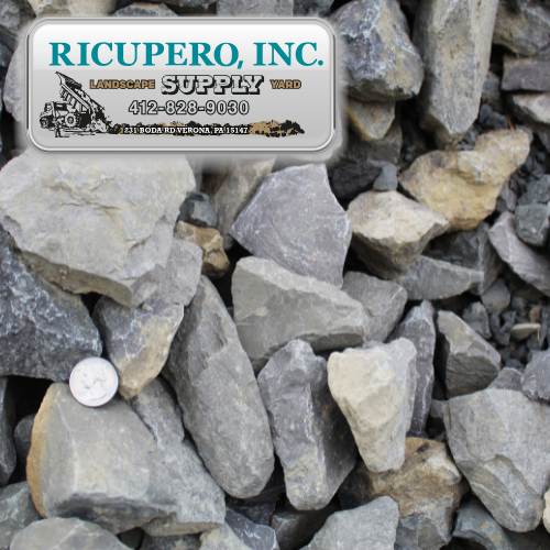 Pile of R-3 limestone riprap stone at Ricupero Supply Yard