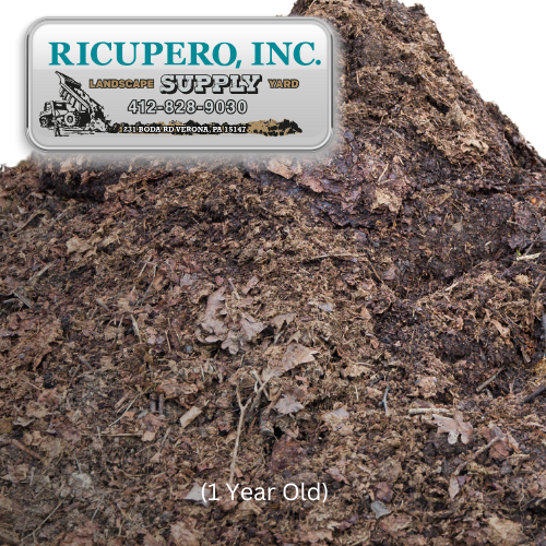 A pile of 1-year-old mulch from Ricupero, Inc. Landscape Supply Yard, featuring a business logo and contact information.