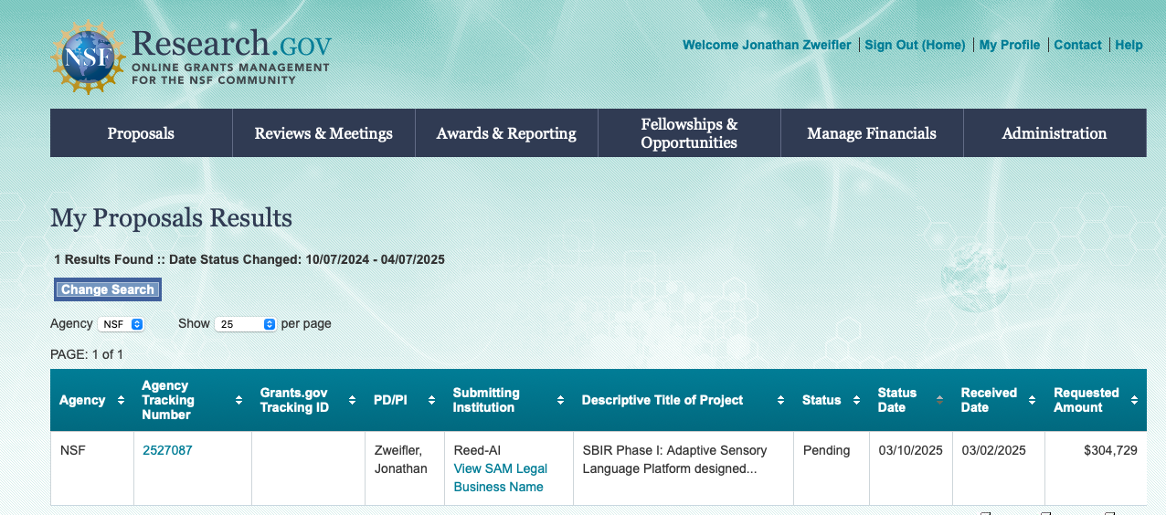 Screenshot of the NSF Research.gov interface displaying proposal results for an individual named Jonathan Zweifler, showing project status, tracking numbers, and financial details.