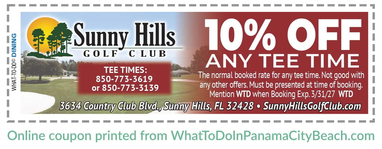 Sunny Hills Golf Club Coupon. 10% Off any tee time. At normal booking rate for any tee time. Not good with any other offers. Must be presented at time of booking. Mention WTD. Expires March 31, 2027.