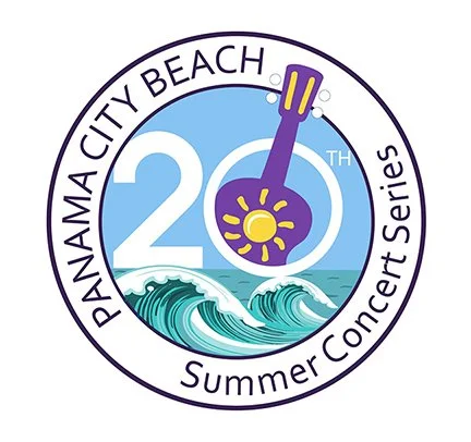 Image of the Panama City Beach 20th Summer Concert Series logo with waves, 20th with a guitar coming out of the "0".