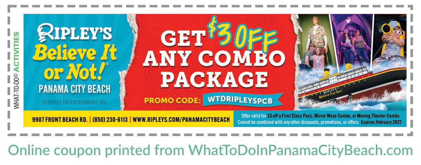 Image of Ripley's Believe It or Not Coupon. $3 off any combo package. Promo Code: WTDRIPLEYSPCB