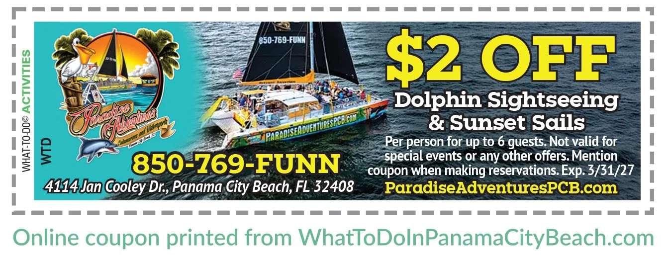 Image of Paradise Adventures Coupon - $2 0ff dolphin sightseeing and sunset sails. Expires March 31, 2027.