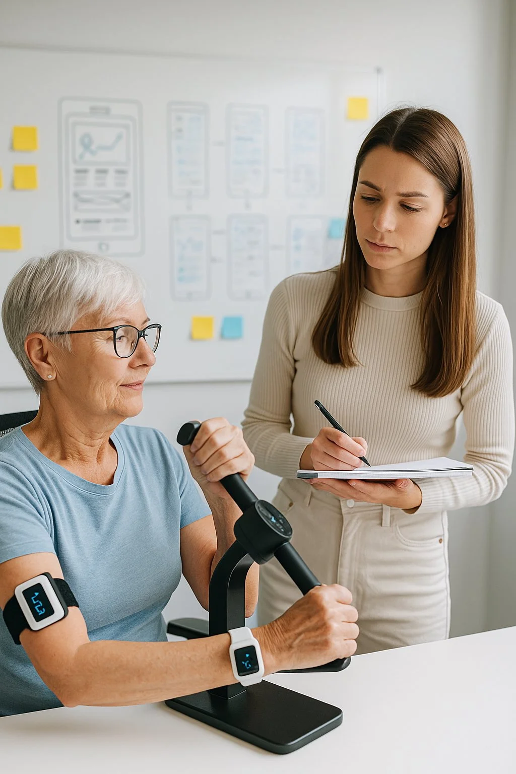 An elderly woman with glasses and a smartwatch is using a hand exercise machine while a healthcare professional takes notes, in a clinical setting with a whiteboard in the background.