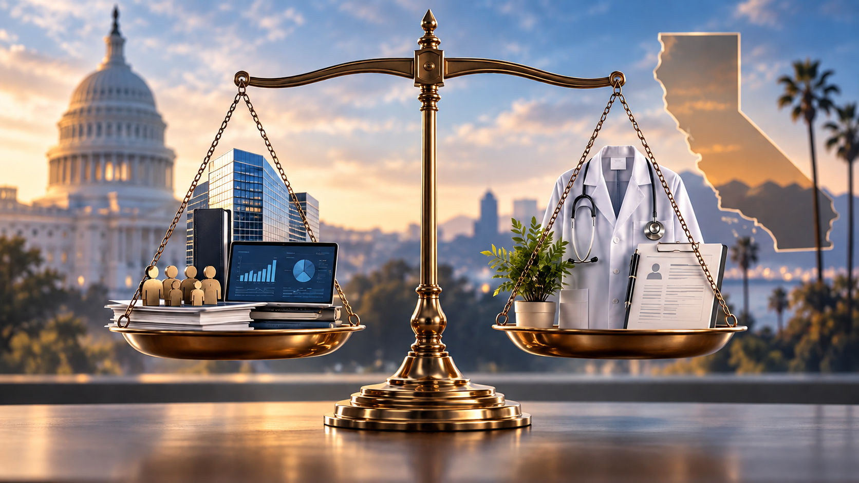 Golden scales of justice balancing office buildings, laptop charts, and team icons against a medical lab coat, stethoscope, and patient clipboard, set against the US Capitol and California outline.