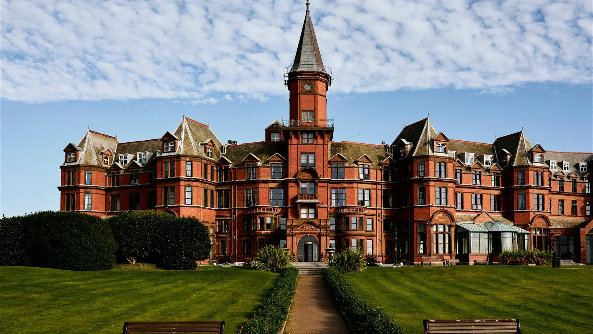 Exterior shot of the Slieve Donard Hotel in Newcastle County Down near Royal County Down Golf Club